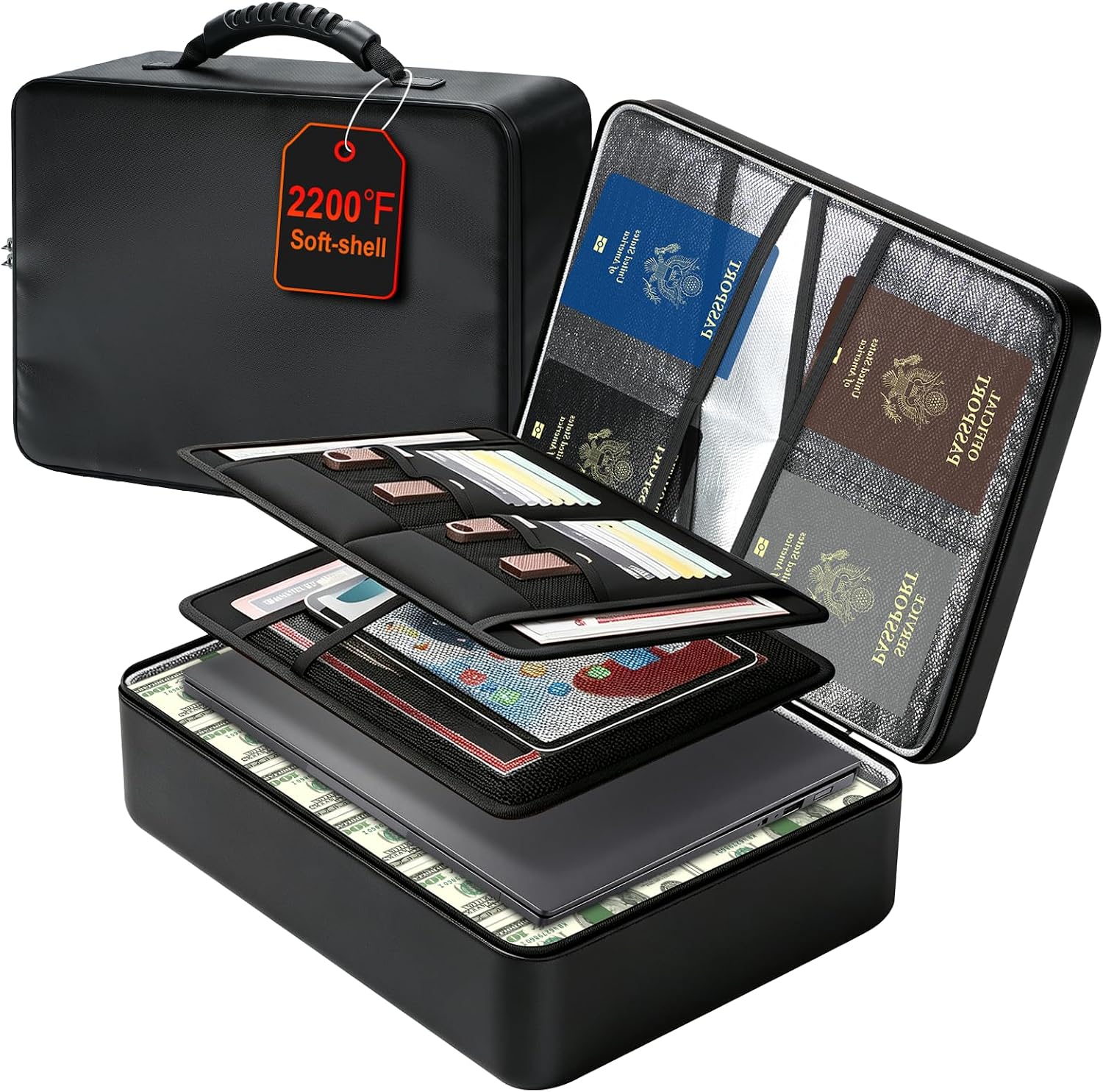 Fireproof Document Box with Lock, 8-Layer Waterproof Fire Resistant Safe Box, Upgraded Heat Insulated Storage Box, Portable Home Travel Organizer for Files, Certificates & Valuables - Black(Soft)