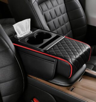 Leather Car Armrest Cover, 5-in-1 Console Cushion with Storage & Cup Holder